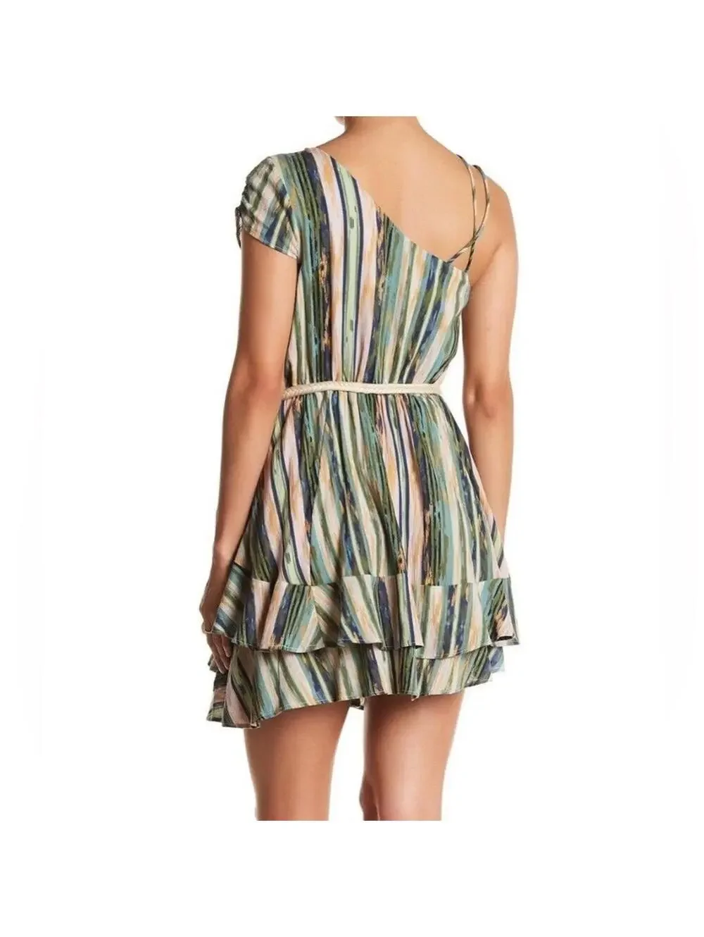 Free People Asymmetrical Ruffle Stripe Mini Dress XS Boho